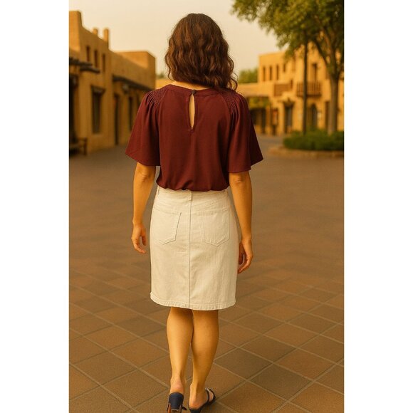 Ann Taylor Small Burgundy Smocked Shoulder Blouse Flutter Sleeve Top Fall - Picture 6 of 10